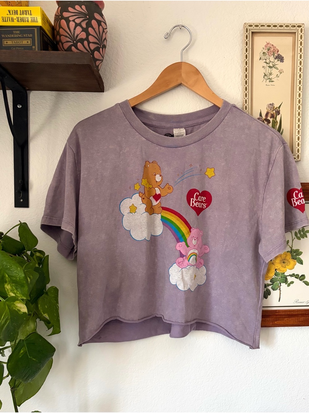 Y2K Retro Nostalgia Care Bears Vintage Wash Cropped Raw Hem Tee Lavendar XL